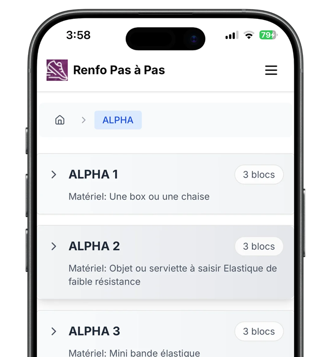 Liste des programmes Renfo Pas à Pas avec formats nomade et home gym