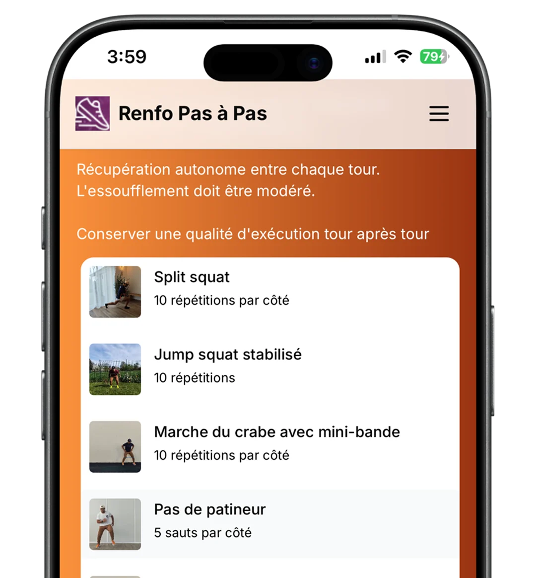 Interface Renfo Pas à Pas affichant une séance de renforcement pour coureur